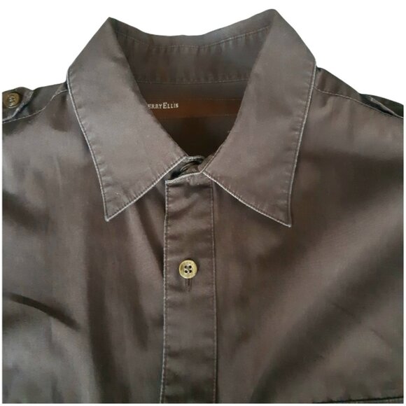 Perry Ellis SZ M Chocolate Brown 100% Cotton Men's LS Cargo Shirt - Picture 5 of 15